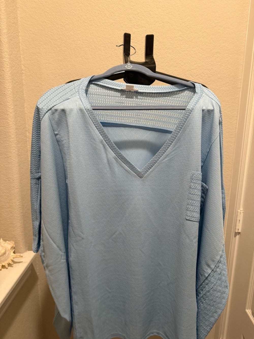 Chic Soul Light Blue Textured Knit V-Neck Top